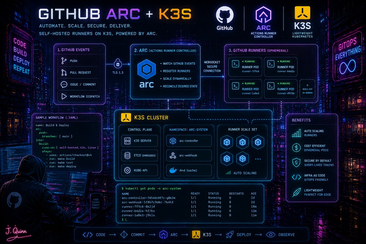 A cyberpunk neon infographic titled "GitHub ARC + K3s: automate, scale, secure, deliver", showing GitHub events flowing over TLS to an Actions Runner Controller that watches events, registers runners, scales dynamically and reconciles desired state, then over a websocket connection to a row of ephemeral runner pods that scale out on demand. Below, a k3s cluster panel breaks out the control plane, the ARC namespace with its controller and dind, and an autoscaling runner scale set, beside a sample workflow YAML, a benefits list, and a terminal showing arc-controller and three runner pods Running.