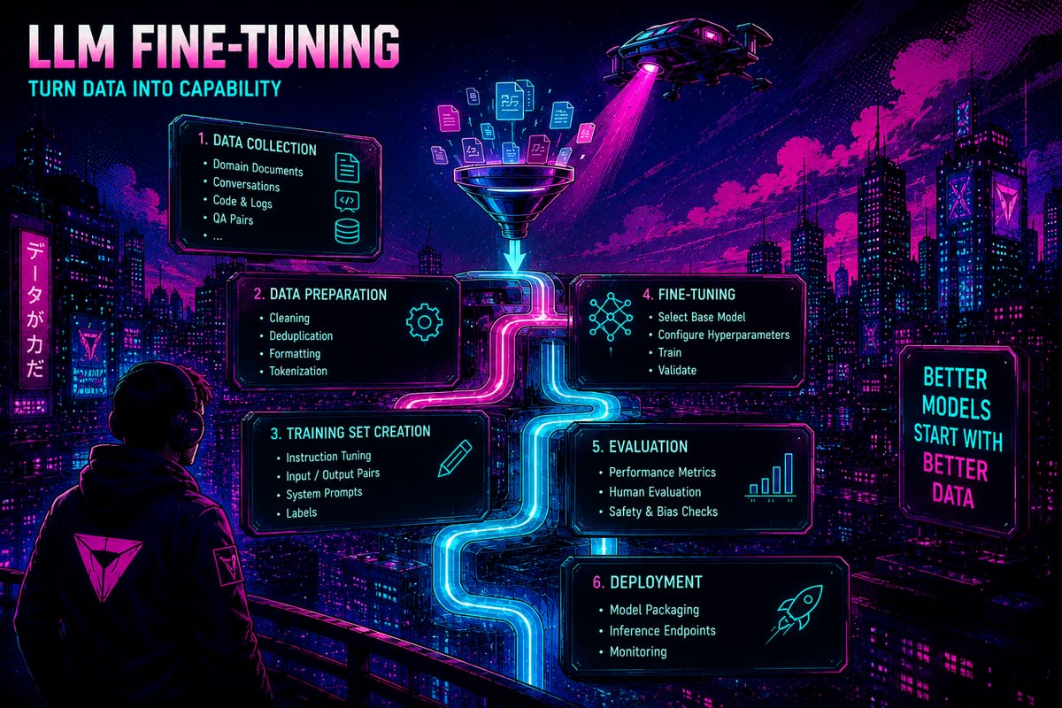 A neon cyberpunk infographic titled LLM Fine-Tuning: Turn Data Into Capability, showing a six-stage funnel from data collection through deployment, with the slogan "better models start with better data."
